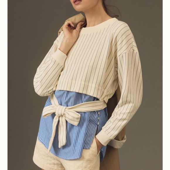 NWT Anthropologie Striped Cream White Blue Bow Tie Long Sleeve Twofer Small - Picture 3 of 7